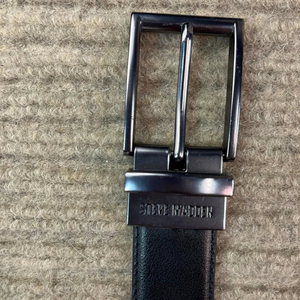 Steve Madden Mens Reversible Leather Belt Black Brown Gunmetal Buckle 38 40